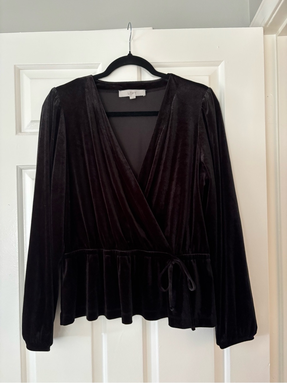 LOFT Black Velvet Velour Wrap Peplum Top - Size Large - Long Sleeve - NWOT